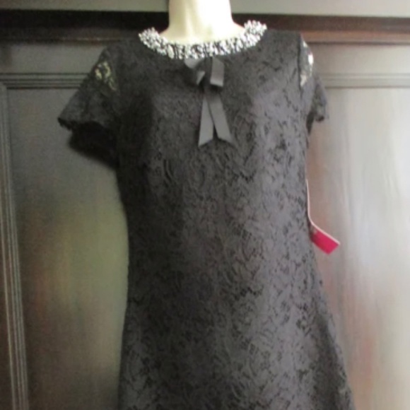 BETSEY JOHNSON LACE DRESS Black Silver Pearls Rhinestones Bow Cocktail Wedding - Picture 4 of 4